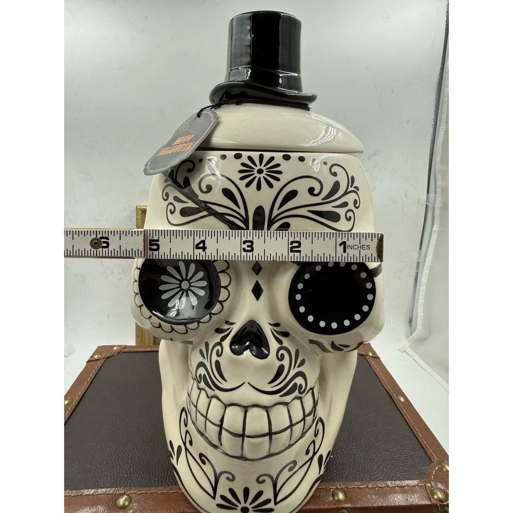 Halloween Sugar Skull with Top Hat, Tattoos, And Eye Patch  Ceramic Cookie Jar